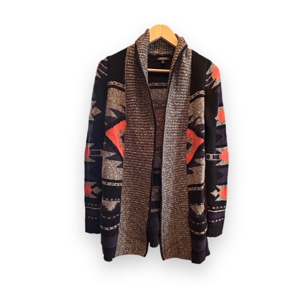 Lucky Brand Southwestern Geometric Shawl Collar Open Front Cardigan Sweater S